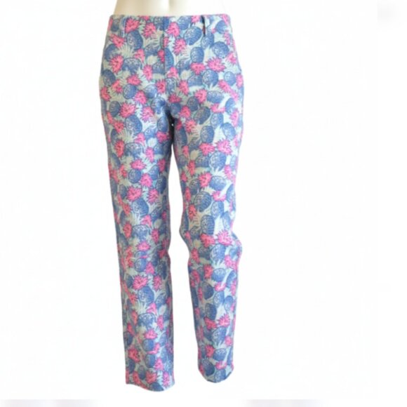 Vineyard Vines Cropped Pants Women’s 2 Linen Blend Pineapple Blue Pink NWT - Picture 2 of 16